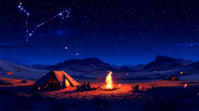 Night sky with constellations over desert campfires. Seamless looping 4k time-lapse animation video background.