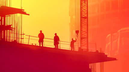 Fototapeta premium Silhouettes of workers are seen diligently constructing a building, set against a striking red and yellow gradient sky during twilight hours