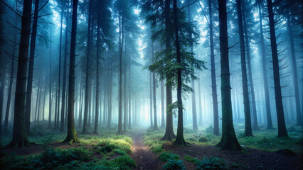 Obraz premium Misty Forest at Dawn with Sunlight Filtering Through Tall Trees