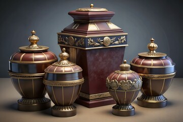 Elegant Maroon and Gold Funeral Urns with Ornate Detailing on Dark Background