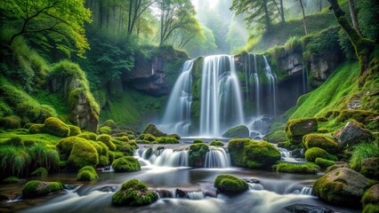 Majestic waterfall cascades down moss-covered rocks, surrounded by lush greenery and misty atmosphere, creating a serene and peaceful natural wonder in the wilderness.