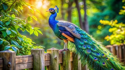 Obraz premium Vibrant blue peacock perches on a weathered wooden fence, its stunning iridescent feathers glistening in the warm sunlight, surrounded by lush green foliage.