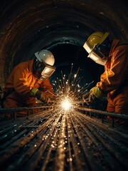 Crew securing steel reinforcements in a tunnel with sparks from welding tools.