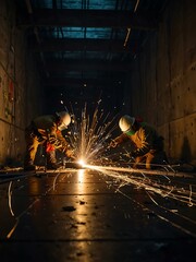 Crew securing steel reinforcements in a tunnel with sparks from welding.
