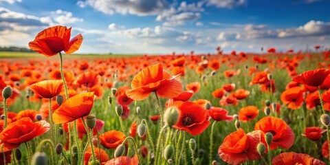 Fototapeta premium Poppy flowers in field with space for text, Poppy, flowers, field, red, nature, beauty, blooming, petals, landscape