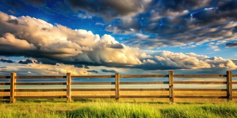 Fototapeta premium Wooden fence standing tall with the backdrop of a cloudy sky , security, boundary, privacy, outdoors, rustic, natural