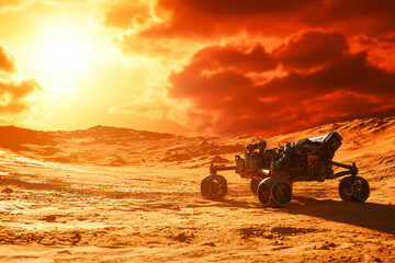Martian rover on surface of red planet. Mars exploration. Mars rover on sand with red sky and sun.