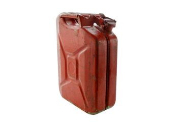 Old red metal gasoline canister, isolated, clipping path