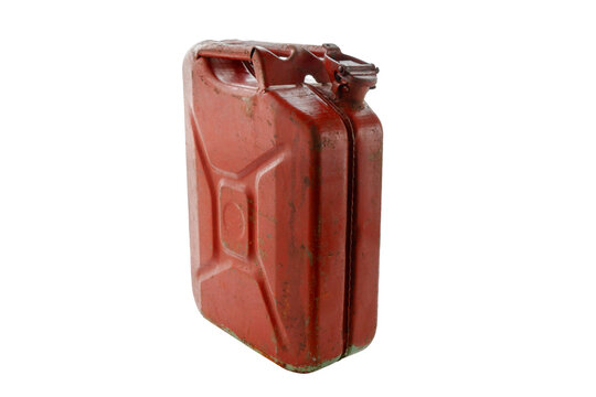 Old red metal gasoline canister, isolated, clipping path