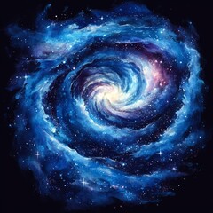 A swirling blue galaxy with a bright core and stars scattered throughout.