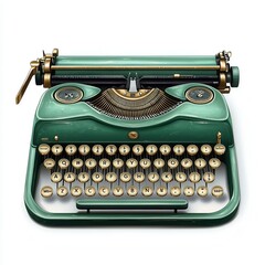 Vintage green typewriter with golden keys, a nostalgic symbol of creativity and writing, perfect for retro-themed projects, white background