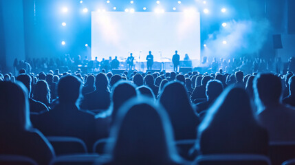 Audience at a stadium concert, basking in the glow of blue stage lights