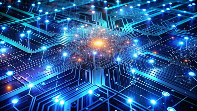 Futuristic background with glowing blue circuits, wires, and microchips, representing artificial intelligence, machine learning, and neural networks in a digital landscape.
