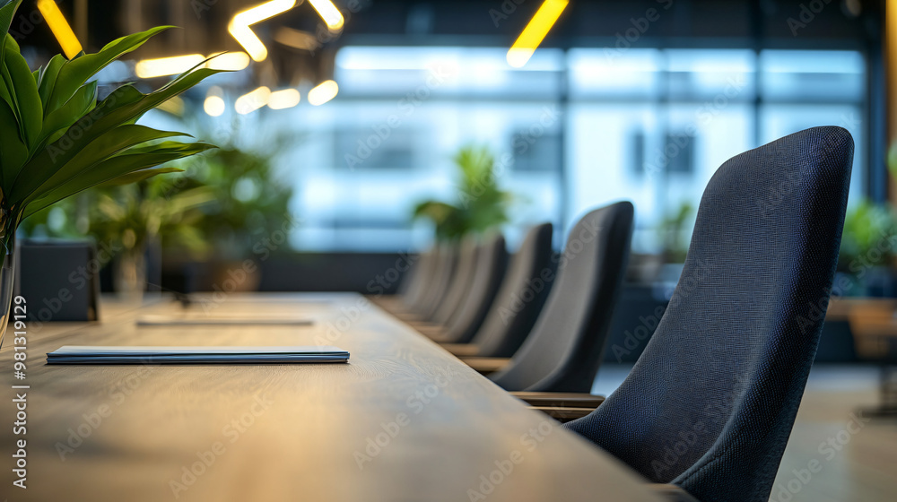 Poster modern conference room with empty chairs around a long table, ready for the arrival of business prof