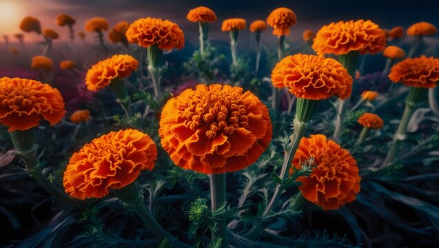 Marigold flower, dreamlike setting, unexpected elements, distorted reality