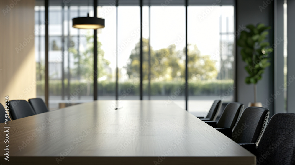 Poster Empty conference room with a large table and black office chairs facing a large window with a view of trees