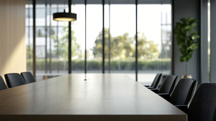 Fototapeta premium Empty conference room with a large table and black office chairs facing a large window with a view of trees