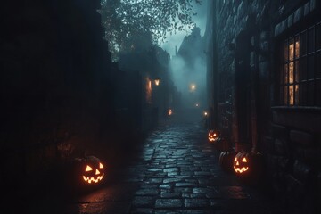 Eerie Atmosphere inDark AlleywayGlowing Jack-o'-Lanterns and Creeping Mist