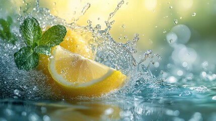 Lemon and Mint Splashing in Water with a Bokeh Background