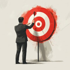 Bullseye Businessman:  A determined businessman in a sharp suit takes aim, hitting the center of a vibrant red target, illustrating precision and success in the corporate world. 