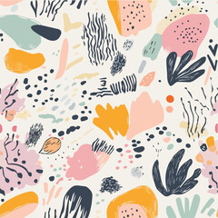 Whimsical vector seamless pattern with playful doodles and pastel color