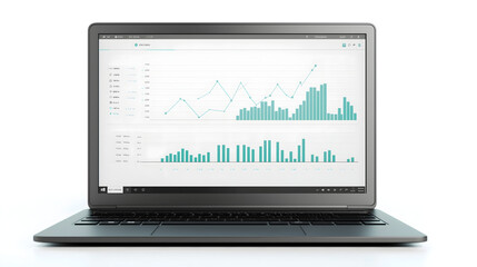 Laptop open on a white background displaying a business dashboard