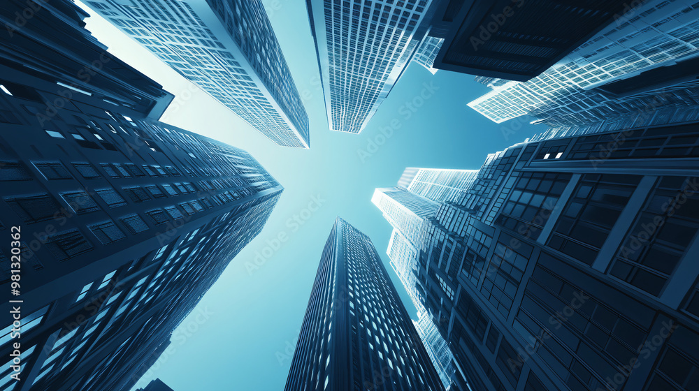 Poster this low angle view of modern skyscrapers converging in the sky evokes feelings of awe and power