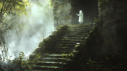 A ghostly child waving from the top of a decaying, overgrown staircase, the steps crumbling and the air filled with a melancholic silence. Melancholic. Illustration