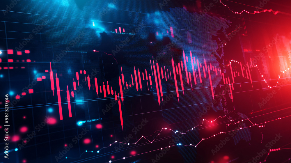 Aufkleber stock market charts in red and falling financial data alongside a world map illustrate the concept o
