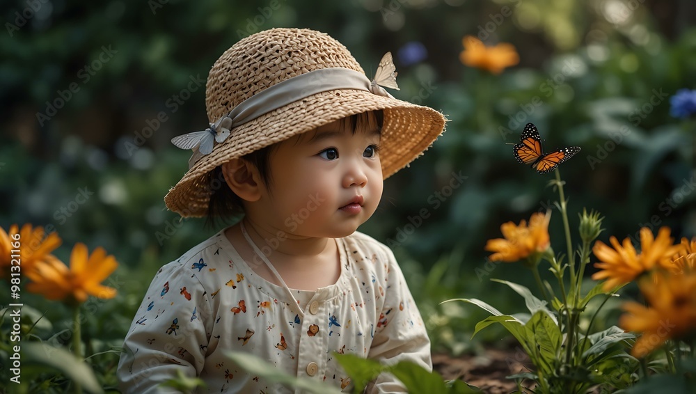 Sticker Curious Chinese baby girl in a straw hat exploring a garden with butterflies.