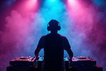 D.J. man standing in concert hall with smoke and colorful light enjoy music festival , generative AI