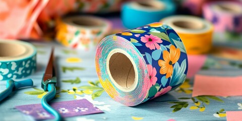 Fototapeta premium Colorful patterned washi tape and scissors on table.
