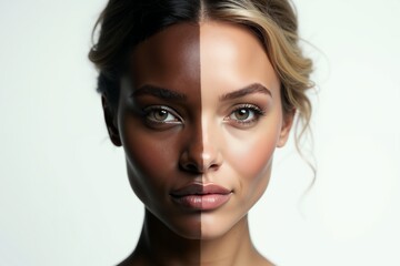 Naklejka premium close up of woman person face with different color of skin white and black , generative AI