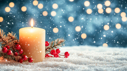 christmas decoration with candle and decorations, christmas magic, holiday spirit, winter festivities and joyful season
