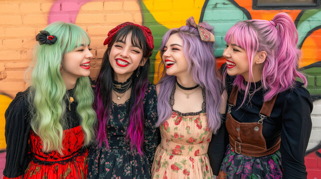 Group of girls with colorful hair laughing by graffiti wall . Edgy outfits, bold makeup, alternative street style . Alternative fashion, Generation alpha, e-girl , youth culture.
