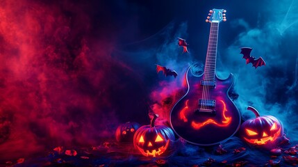 A Halloween-themed advertisement featuring a guitar, combining music and spooky elements. The guitar is decorated with Halloween motifs such as pumpkins, bats, and cobwebs.