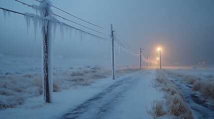 A snow-covered road lined with frost-covered power poles and a lone street lamp illuminating the mist in the distance.