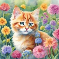 Ginger kitten in a floral garden 