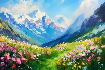 Fototapeta premium Oil Painting of a Mountain Landscape with Wildflowers.