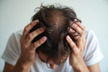 Fototapeta premium close up of person head stressed about hair problem , generative AI
