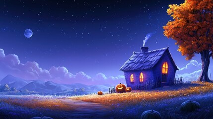 Halloween A house with a chimney and a pumpkin on the porch