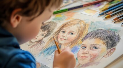 A young child creating a colorful portrait of friends with pencils and paper, showcasing creativity and artistic talent.
