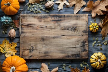 Background with copy space. Wooden frame. Pumpkins, seeds and fallen leaves. Designer mockup for Halloween, Thanksgiving or seasonal background.