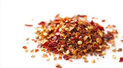 dried red chili pepper flakes and seeds isolated on white background.