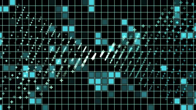squares blinking in sky blue colored concave grid. abstract background with squares, digital square blue technology background, futuristic (loop video)