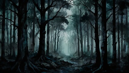 Fototapeta premium Dark forest with twisted trees in watercolor style.