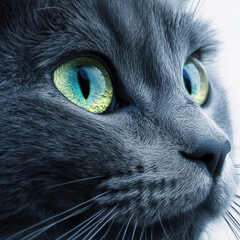 An artistic close-up shot of a gray cat's face highlighting its vivid green eyes, capturing the beauty, detail, and serene nature of this feline in a visually appealing manner.