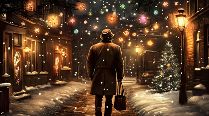 Snowy Night Stroll Through a Festive Town