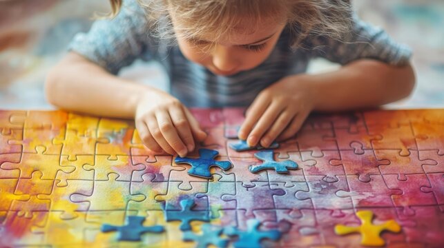 A child intently assembling a colorful puzzle, enhancing focus and creativity through play and problem-solving.