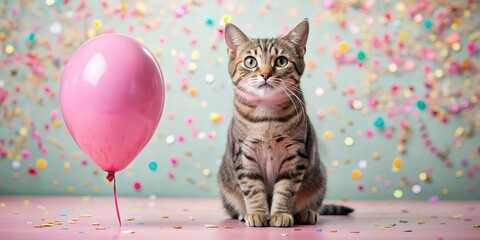 Adorable cat at a party with a pink balloon and confetti, cat, party, cute, pink balloon, celebration, fun, festive, pet